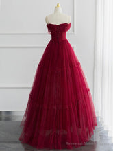 A-Line Tulle Burgundy Long Prom Dress, Tulle Long Formal Dress